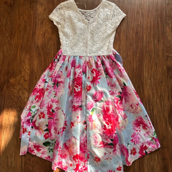 White Lace Top Floral High-Low Dress with Pink Rose Print  Special Occasions - Picture 8 of 8